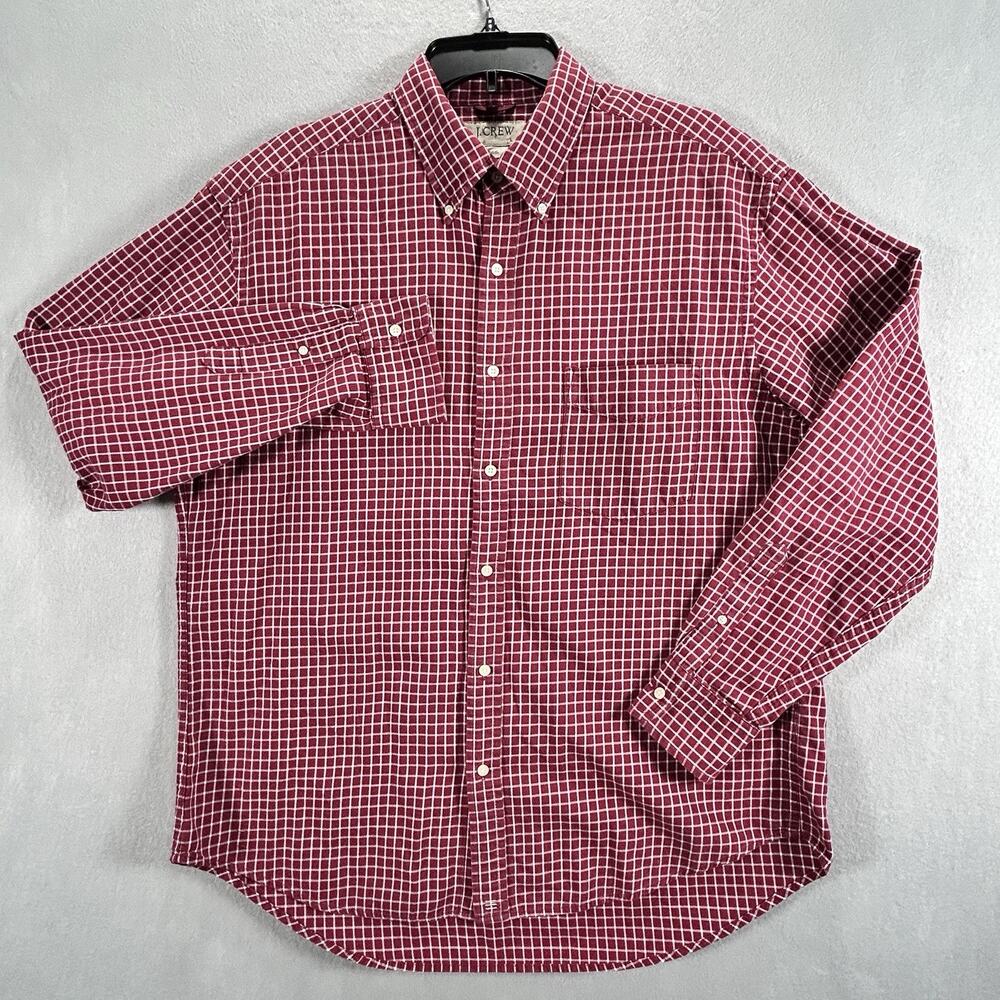 J Crew Men's Sz L Burgundy White Square Patterned Button Down Long Sleeve‎ Shirt